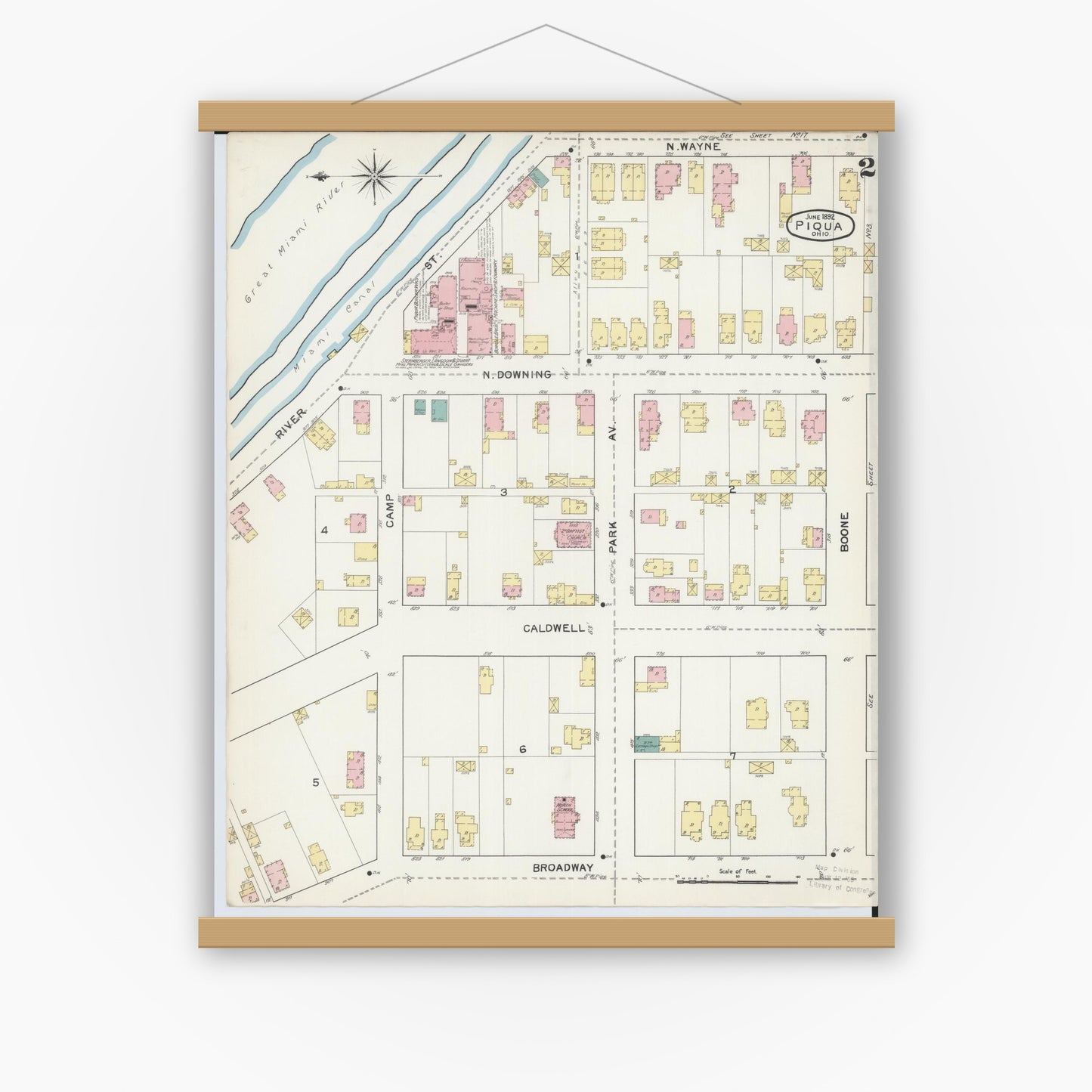 Old map wall art mockup — magnetic wood frame on white wall — Sanborn Fire Insurance Map from Piqua, Miami County, Ohio (1892), Sheet #0002