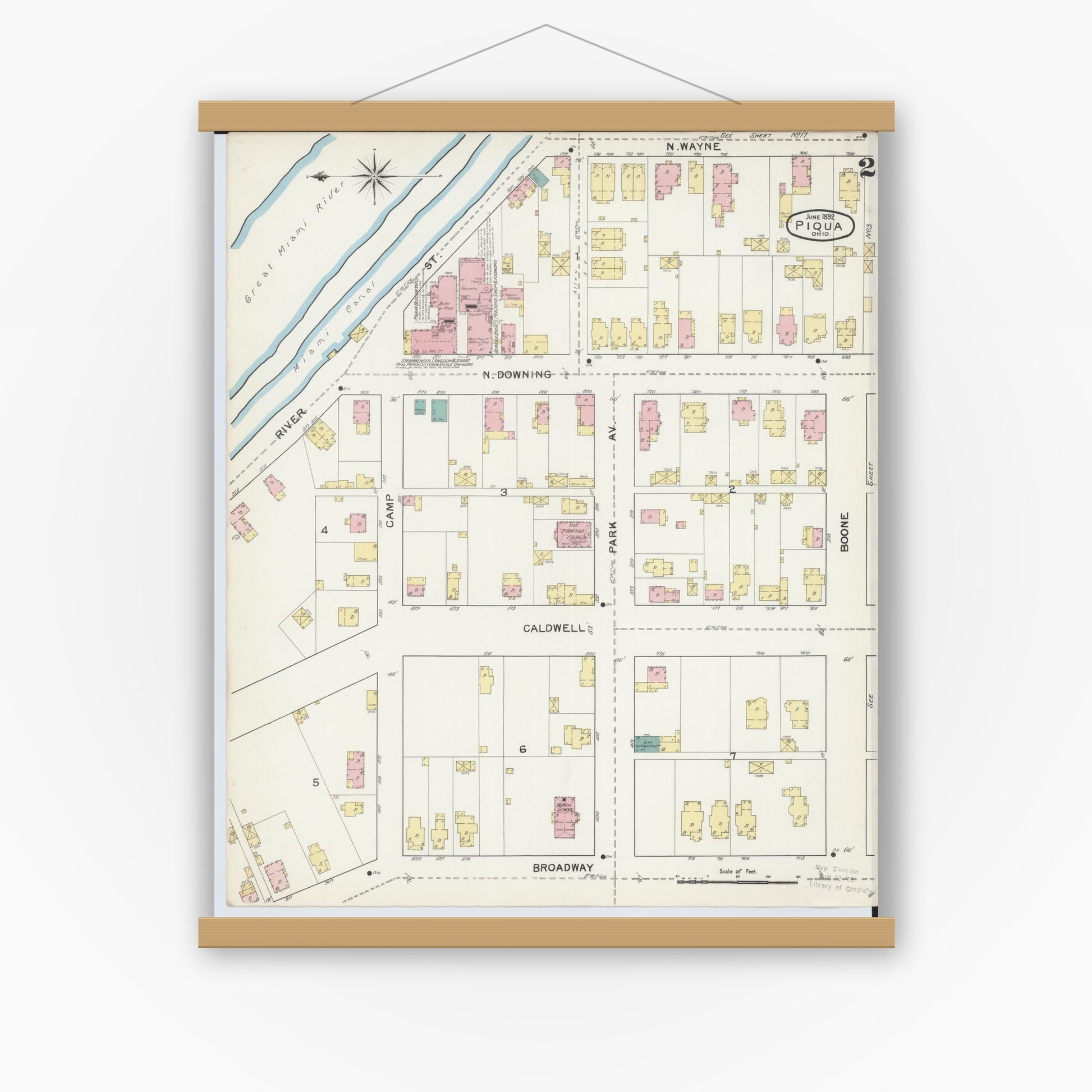 Old map wall art mockup — magnetic wood frame on white wall — Sanborn Fire Insurance Map from Piqua, Miami County, Ohio (1892), Sheet #0002