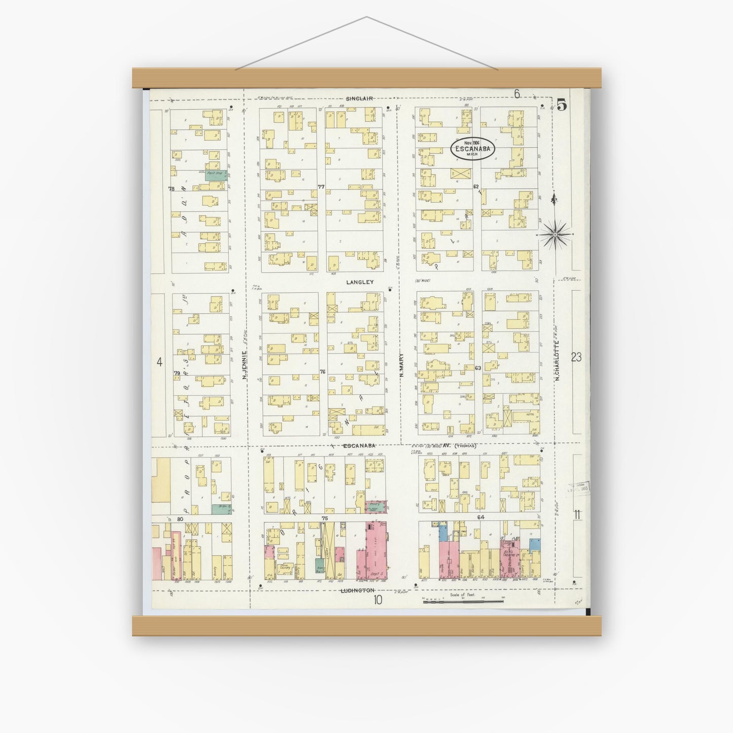 Old map wall art mockup — magnetic wood frame on white wall — Sanborn Fire Insurance Map from Escanaba, Delta County, Michigan (1906), Sheet #0005