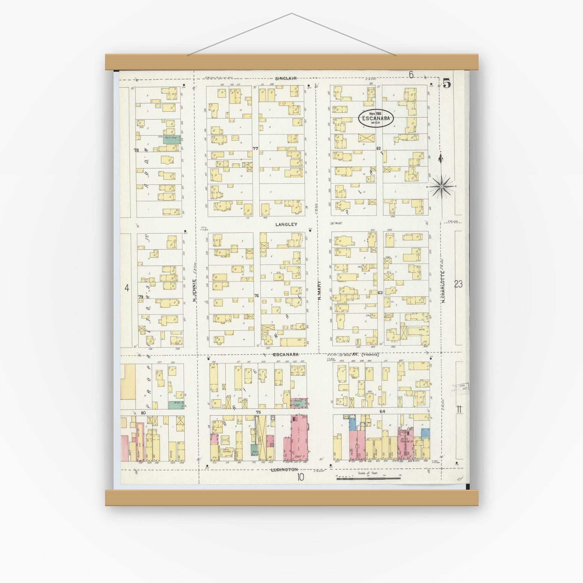 Old map wall art mockup — magnetic wood frame on white wall — Sanborn Fire Insurance Map from Escanaba, Delta County, Michigan (1906), Sheet #0005