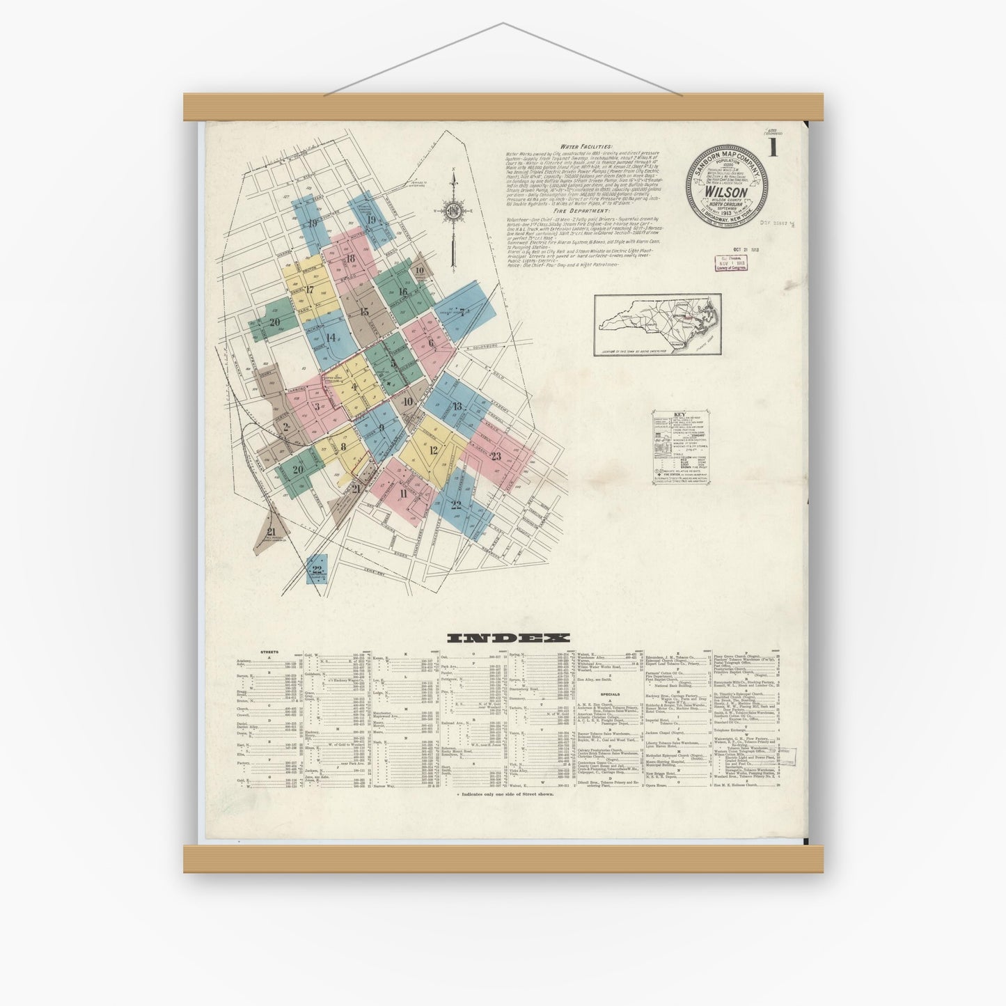 Old map wall art mockup — magnetic wood frame on white wall — Sanborn Fire Insurance Map from Wilson, Wilson County, North Carolina (1913) - Complete Map Set