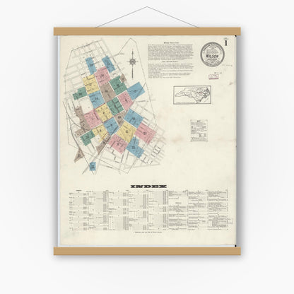 Old map wall art mockup — magnetic wood frame on white wall — Sanborn Fire Insurance Map from Wilson, Wilson County, North Carolina (1913) - Complete Map Set