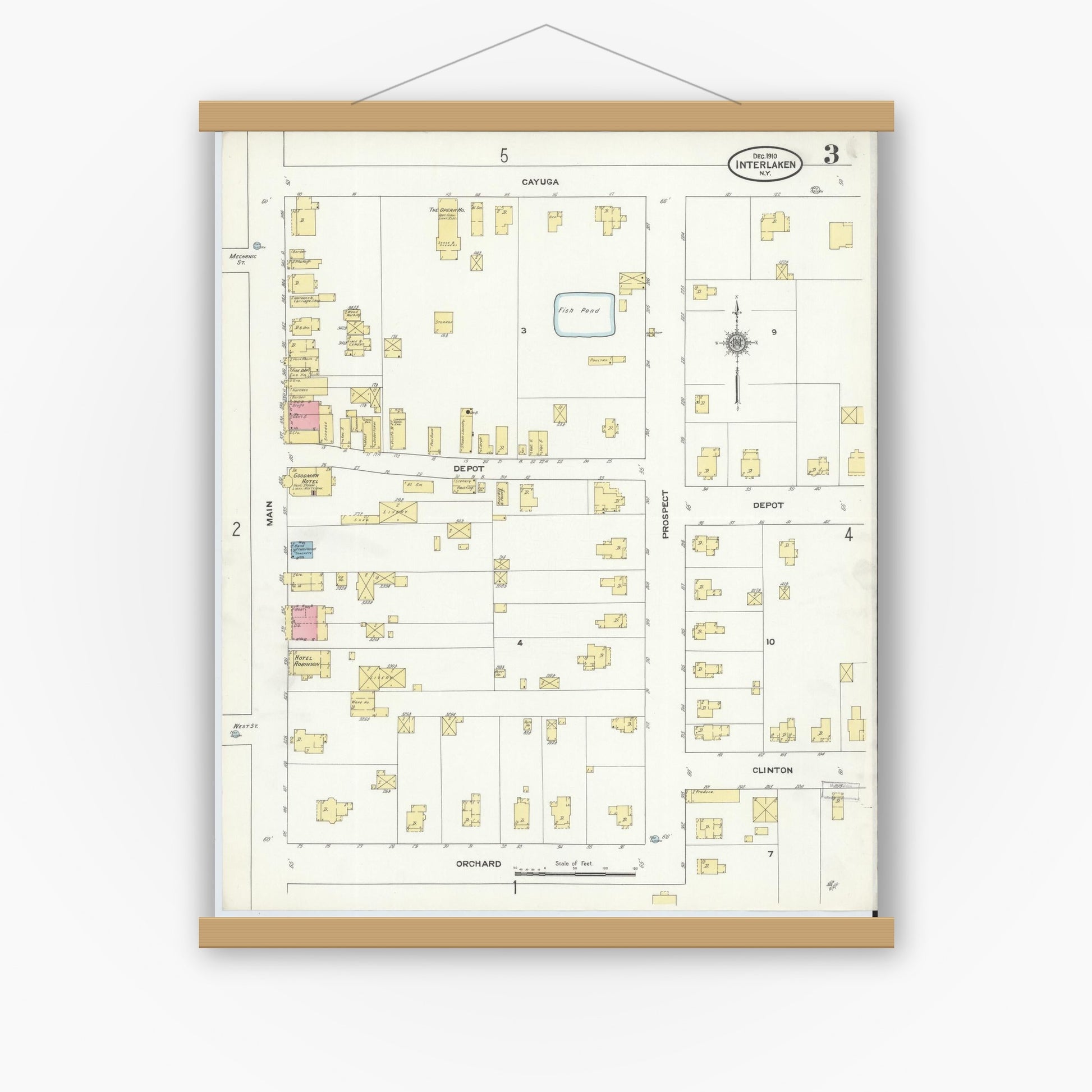 Old map wall art mockup — magnetic wood frame on white wall — Sanborn Fire Insurance Map from Interlaken, Seneca County, New York (1910), Sheet #0003