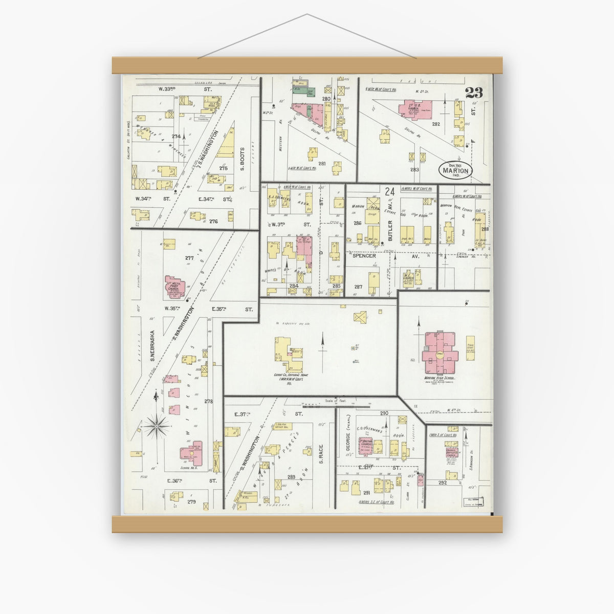 Old map wall art mockup — magnetic wood frame on white wall — Sanborn Fire Insurance Map from Marion, Grant County, Indiana (1901), Sheet #0023