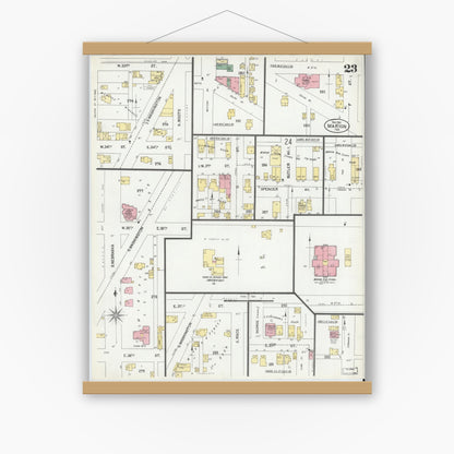 Old map wall art mockup — magnetic wood frame on white wall — Sanborn Fire Insurance Map from Marion, Grant County, Indiana (1901), Sheet #0023