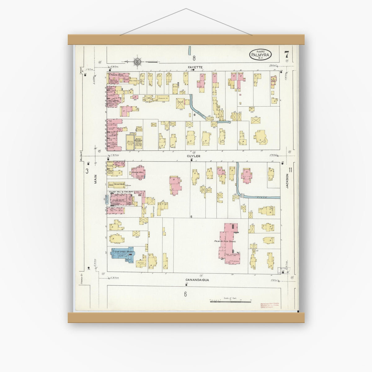 Old map wall art mockup — magnetic wood frame on white wall — Sanborn Fire Insurance Map from Palmyra, Wayne County, New York (1912), Sheet #0007