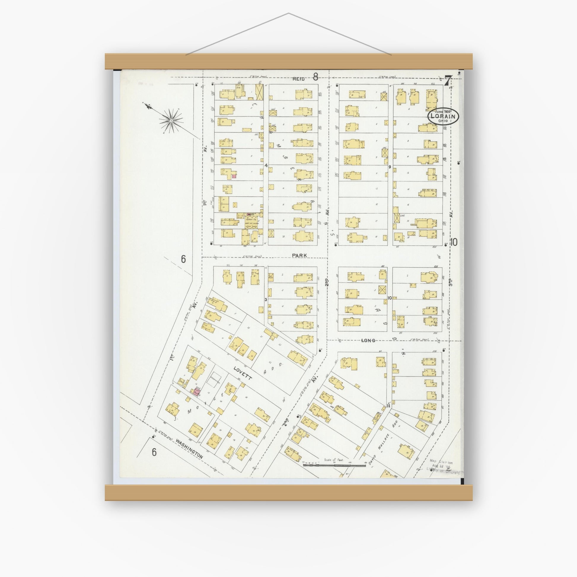 Old map wall art mockup — magnetic wood frame on white wall — Sanborn Fire Insurance Map from Lorain, Lorain County, Ohio (1905), Sheet #0007