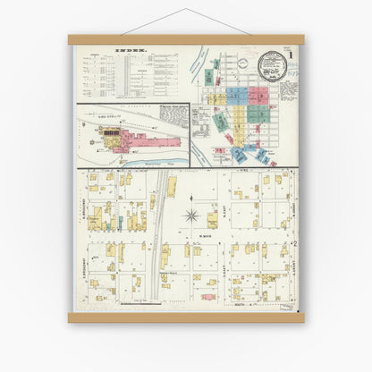 Old map wall art mockup — magnetic wood frame on white wall — Sanborn Fire Insurance Map from Gas City, Grant County, Indiana (1898) - Complete Map Set