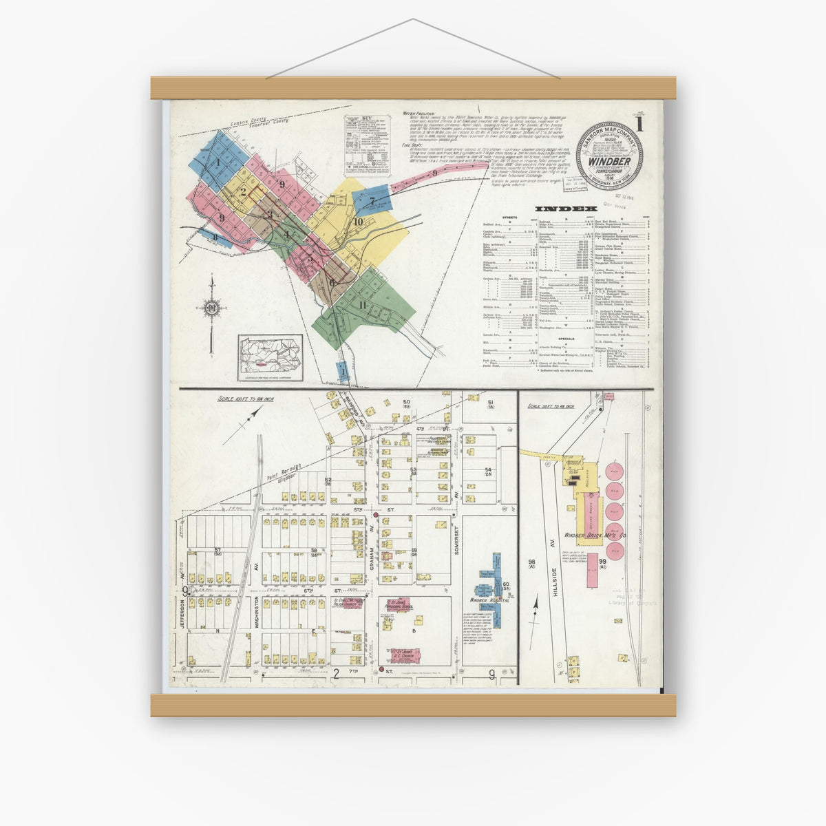 Old map wall art mockup — magnetic wood frame on white wall — Sanborn Fire Insurance Map from Windber, Somerset County, Pennsylvania (1916), Sheet #0001