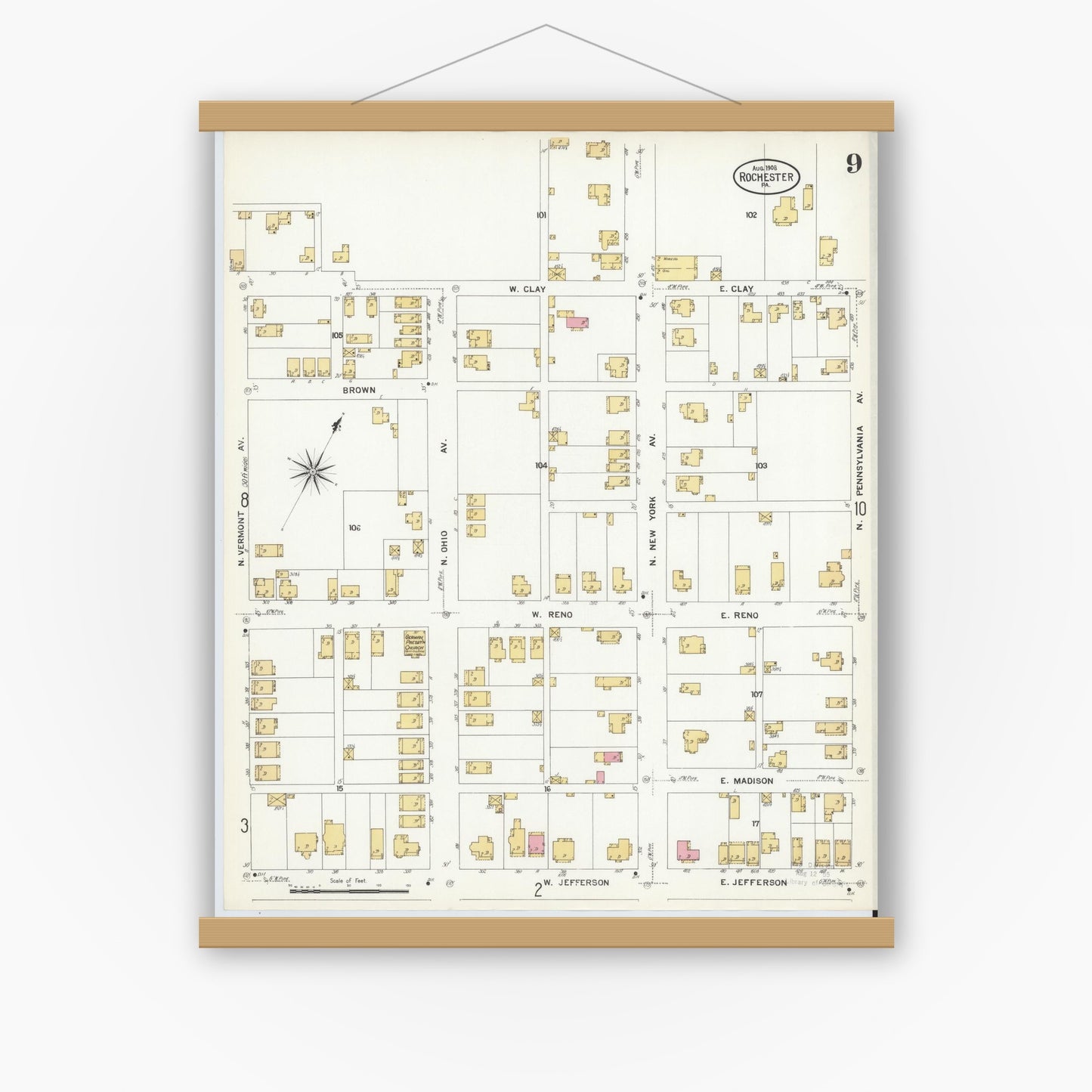 Old map wall art mockup — magnetic wood frame on white wall — Sanborn Fire Insurance Map from Rochester, Beaver County, Pennsylvania (1908), Sheet #0009