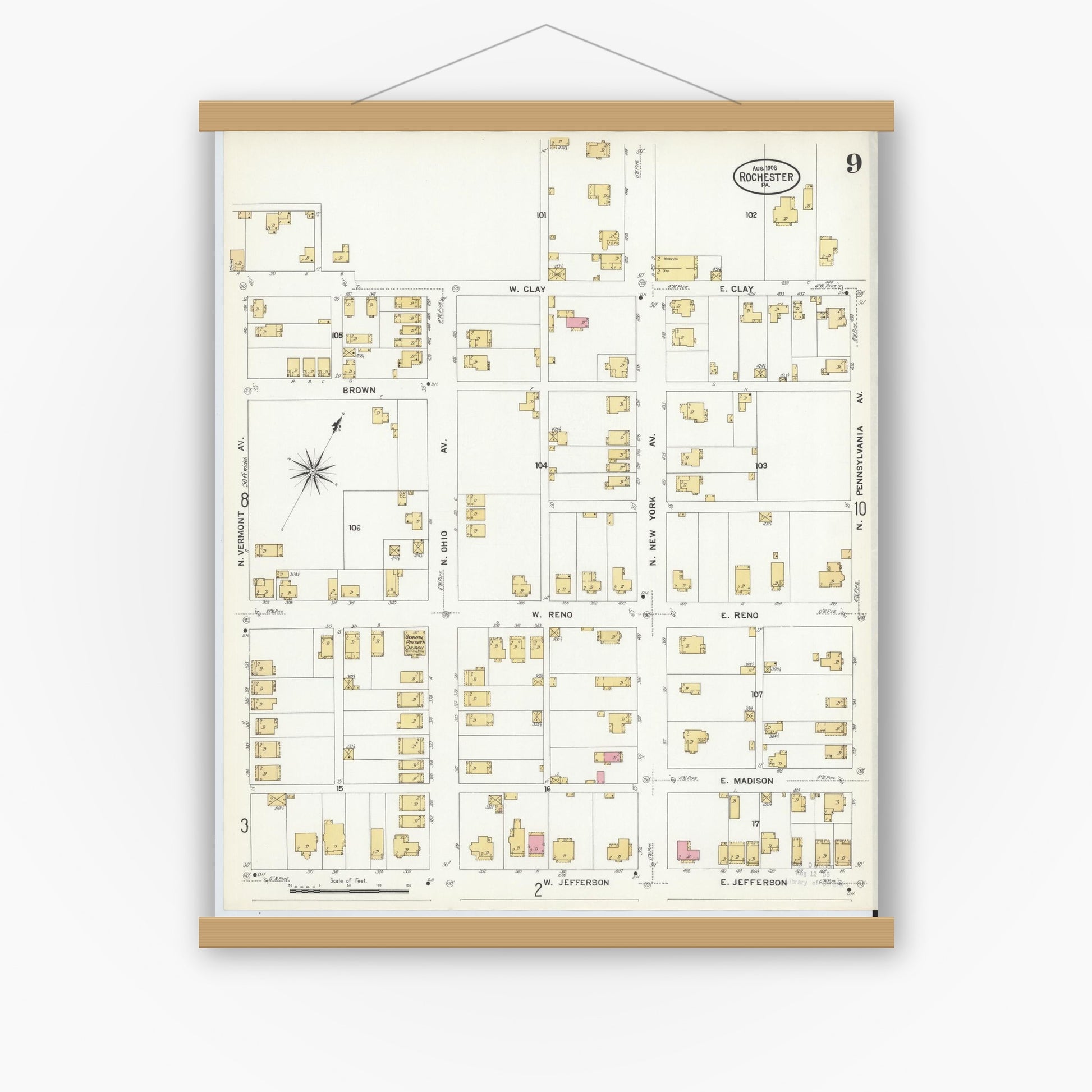 Old map wall art mockup — magnetic wood frame on white wall — Sanborn Fire Insurance Map from Rochester, Beaver County, Pennsylvania (1908), Sheet #0009