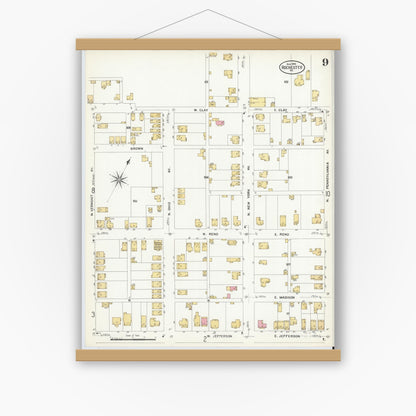 Old map wall art mockup — magnetic wood frame on white wall — Sanborn Fire Insurance Map from Rochester, Beaver County, Pennsylvania (1908), Sheet #0009