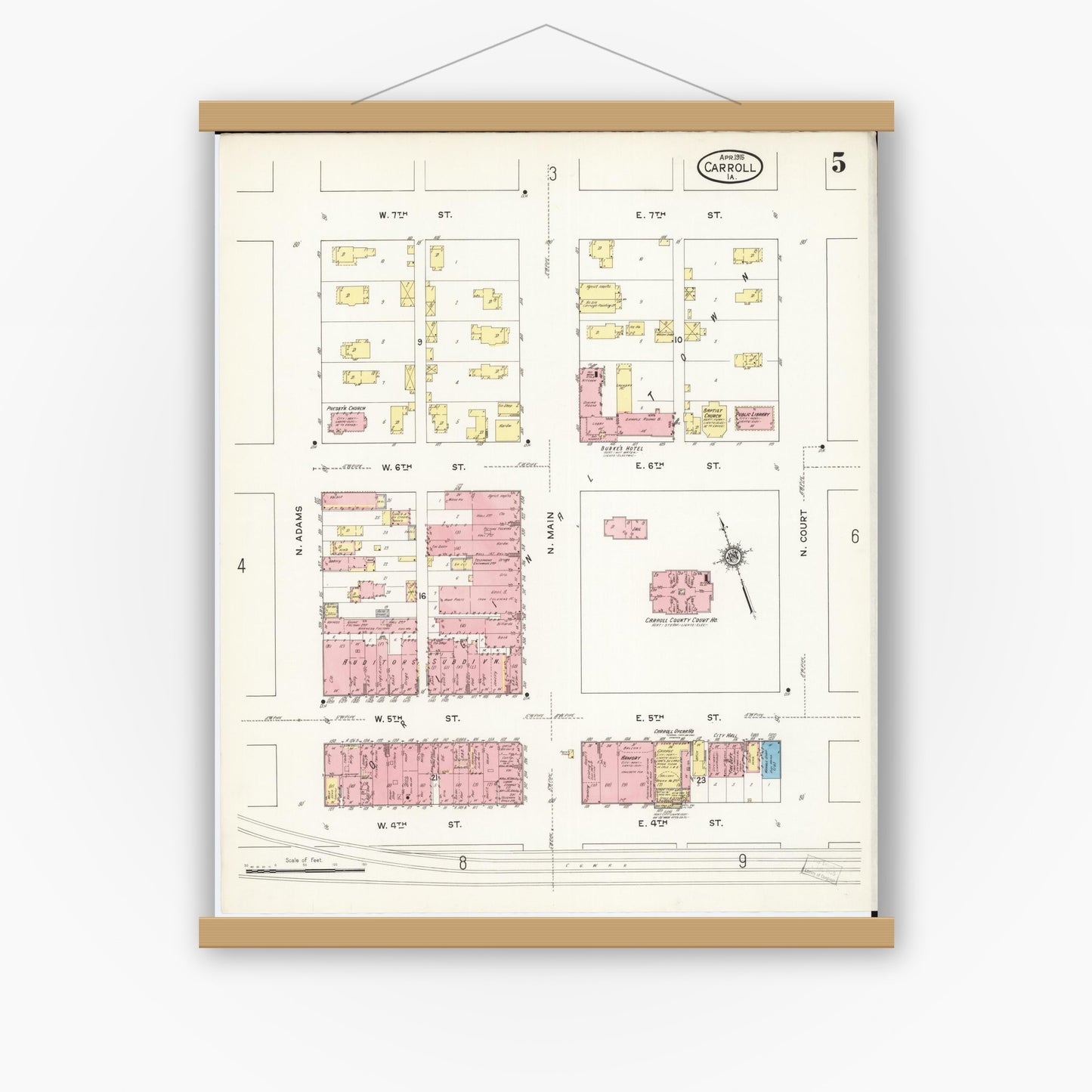 Old map wall art mockup — magnetic wood frame on white wall — Sanborn Fire Insurance Map from Carroll, Carroll County, Iowa (1915), Sheet #0005