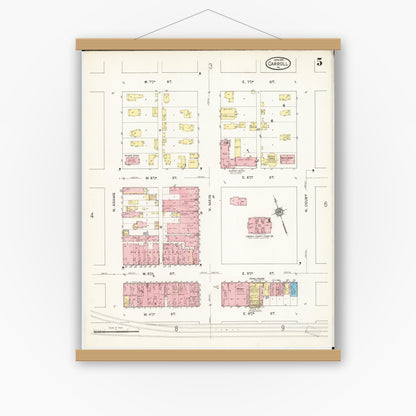 Old map wall art mockup — magnetic wood frame on white wall — Sanborn Fire Insurance Map from Carroll, Carroll County, Iowa (1915), Sheet #0005
