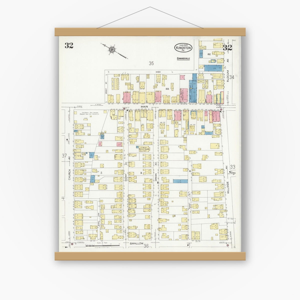 Old map wall art mockup — magnetic wood frame on white wall — Sanborn Fire Insurance Map from Kingston, Luzerne County, Pennsylvania (1925), Sheet #0032