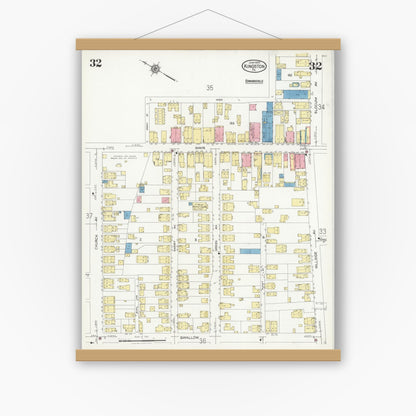 Old map wall art mockup — magnetic wood frame on white wall — Sanborn Fire Insurance Map from Kingston, Luzerne County, Pennsylvania (1925), Sheet #0032