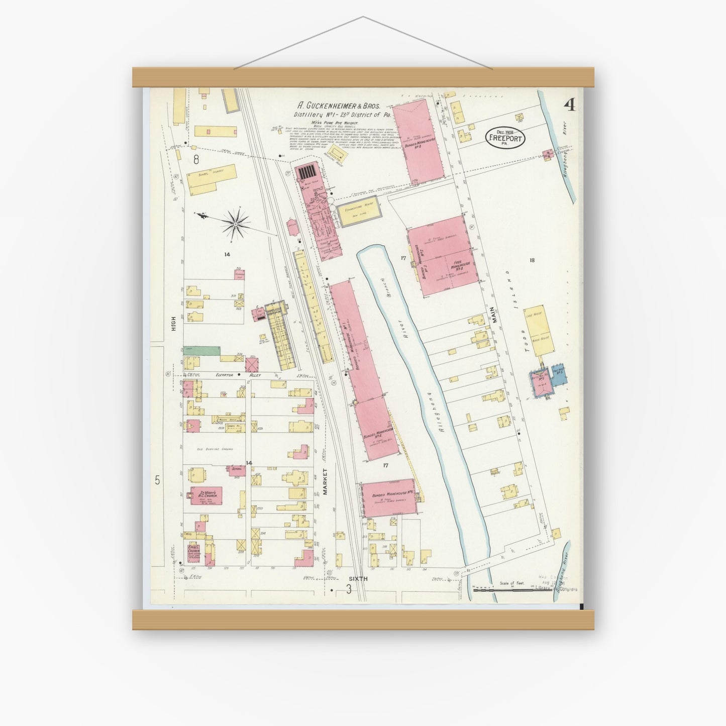 Old map wall art mockup — magnetic wood frame on white wall — Sanborn Fire Insurance Map from Freeport, Armstrong County, Pennsylvania (1908), Sheet #0004