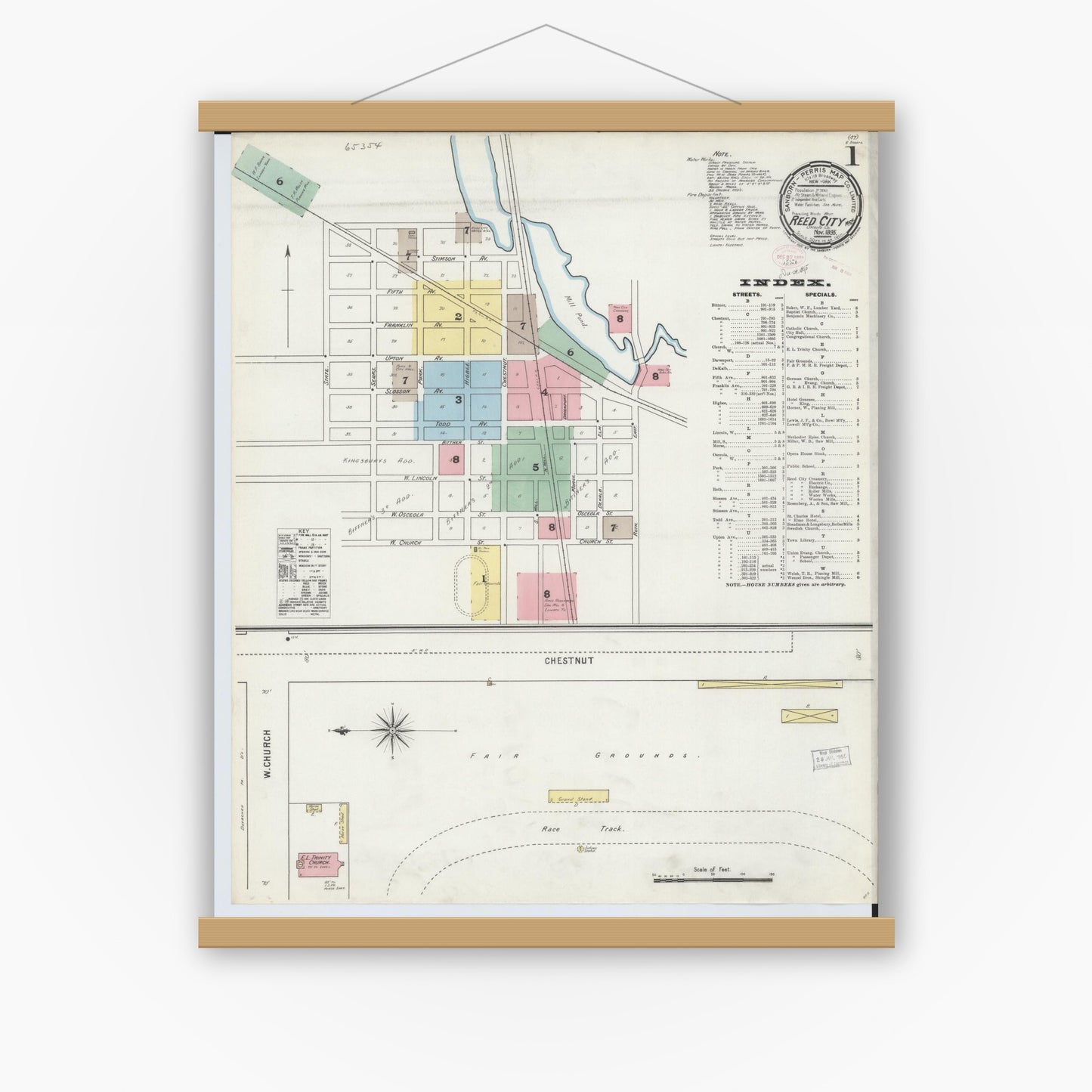Old map wall art mockup — magnetic wood frame on white wall — Sanborn Fire Insurance Map from Reed City, Osceola County, Michigan (1895) - Complete Map Set