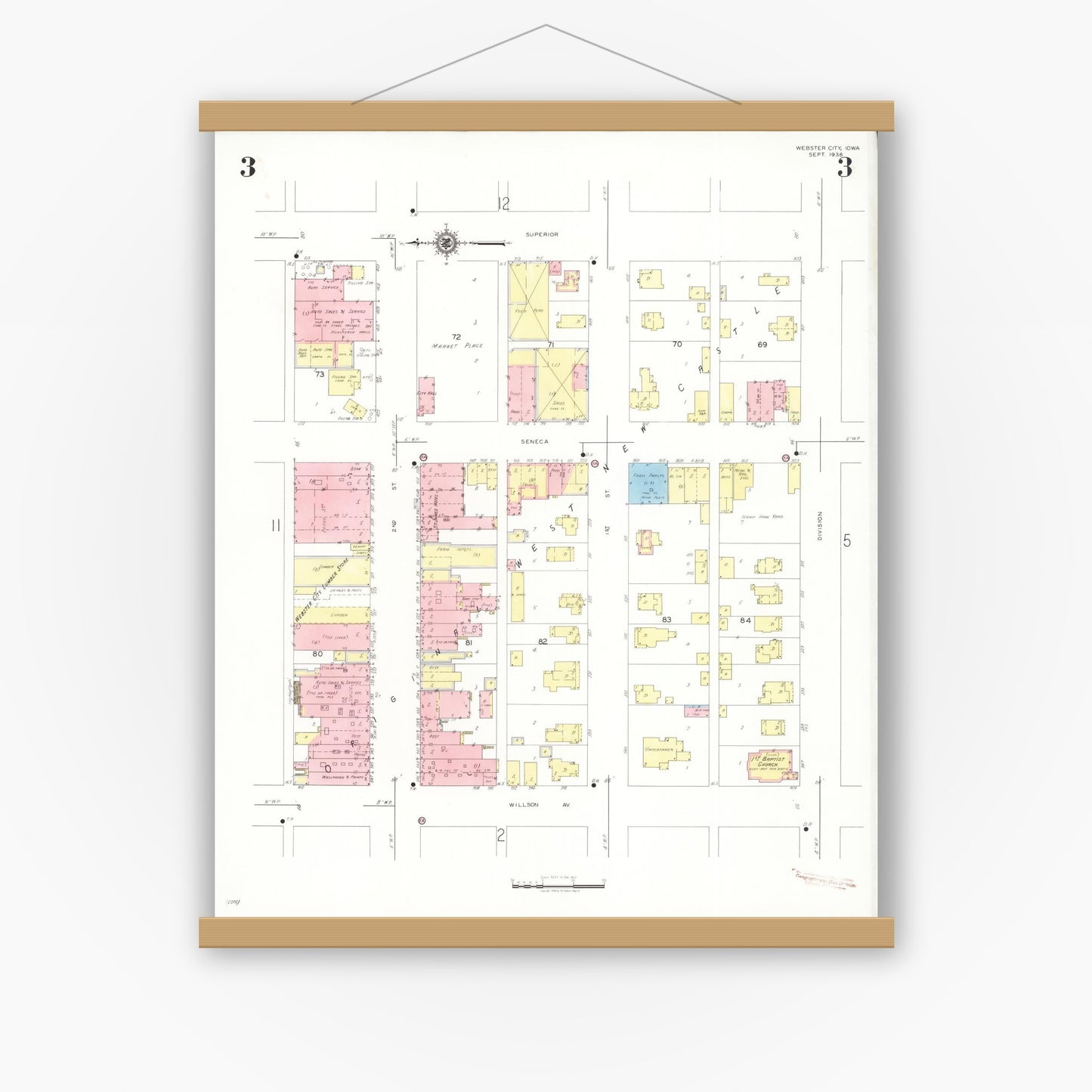 Old map wall art mockup — magnetic wood frame on white wall — Sanborn Fire Insurance Map from Webster City, Hamilton County, Iowa (1938), Sheet #0003