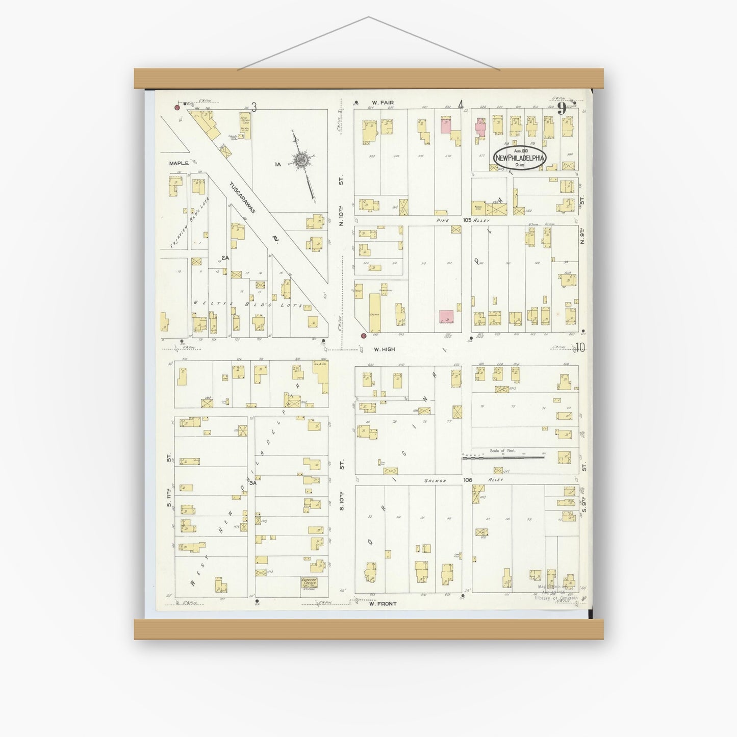 Old map wall art mockup — magnetic wood frame on white wall — Sanborn Fire Insurance Map from New Philadelphia, Tuscarawas County, Ohio (1910), Sheet #0009