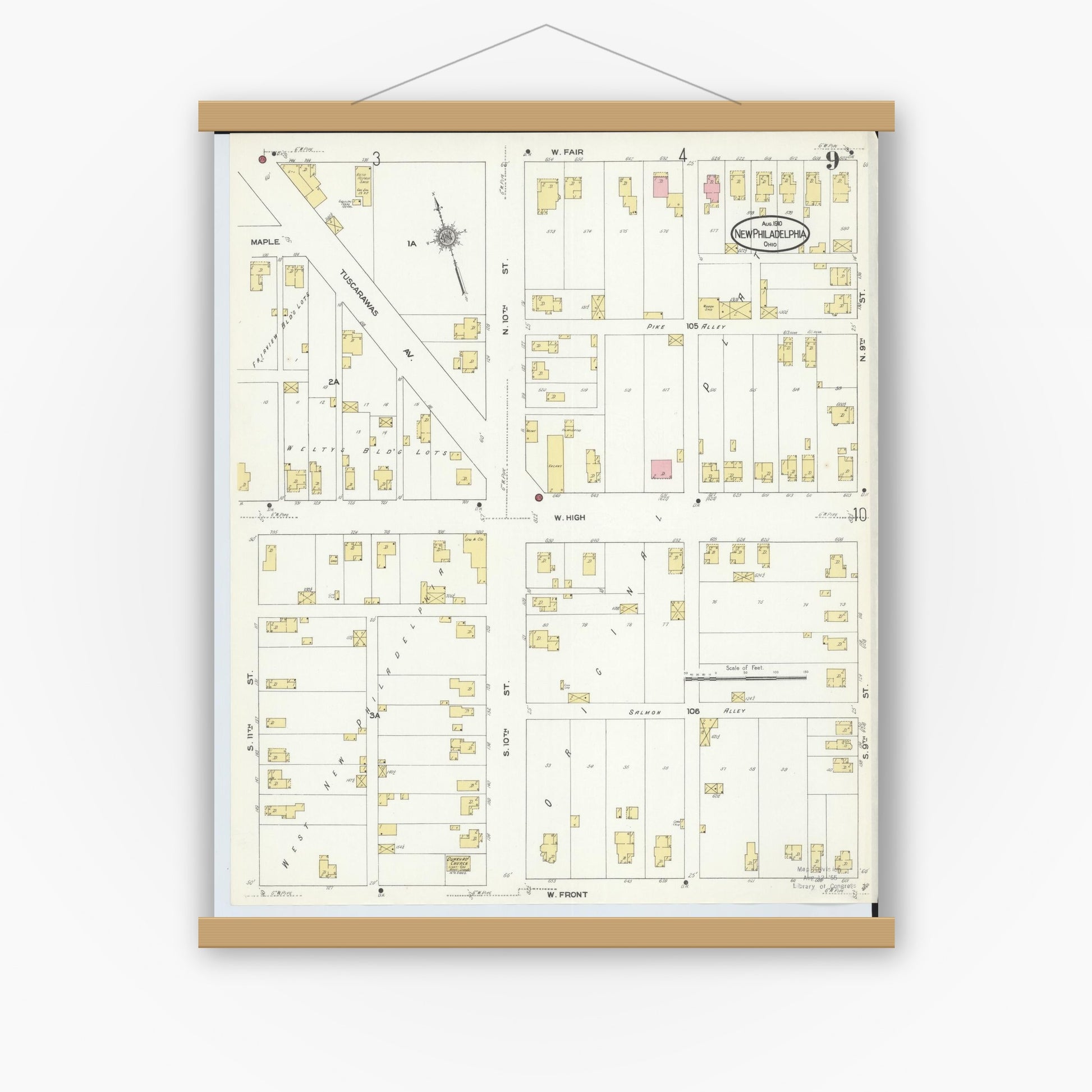 Old map wall art mockup — magnetic wood frame on white wall — Sanborn Fire Insurance Map from New Philadelphia, Tuscarawas County, Ohio (1910), Sheet #0009