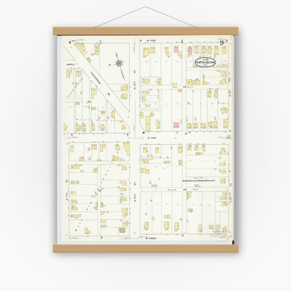Old map wall art mockup — magnetic wood frame on white wall — Sanborn Fire Insurance Map from New Philadelphia, Tuscarawas County, Ohio (1910), Sheet #0009