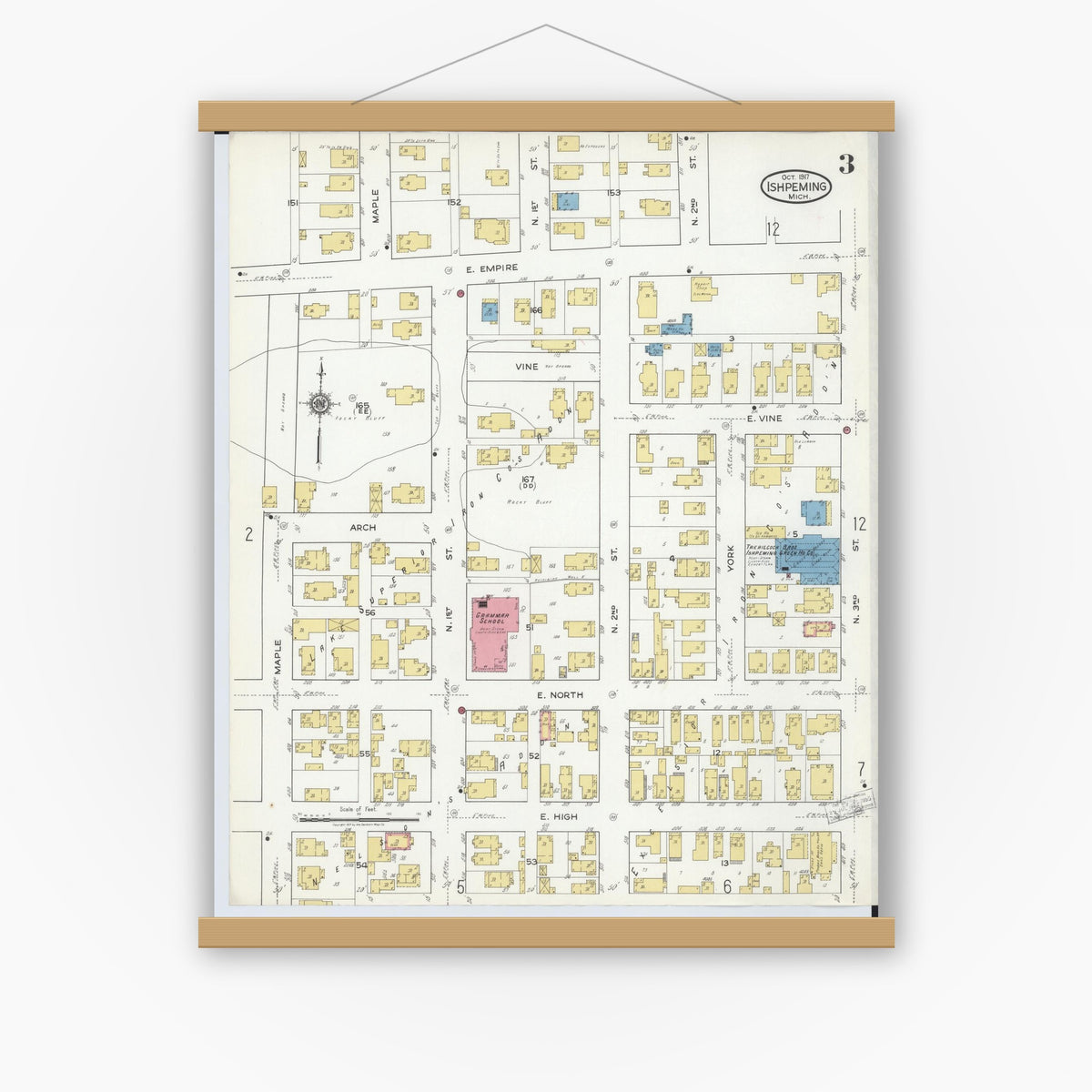 Old map wall art mockup — magnetic wood frame on white wall — Sanborn Fire Insurance Map from Ishpeming, Marquette County, Michigan (1917), Sheet #0003