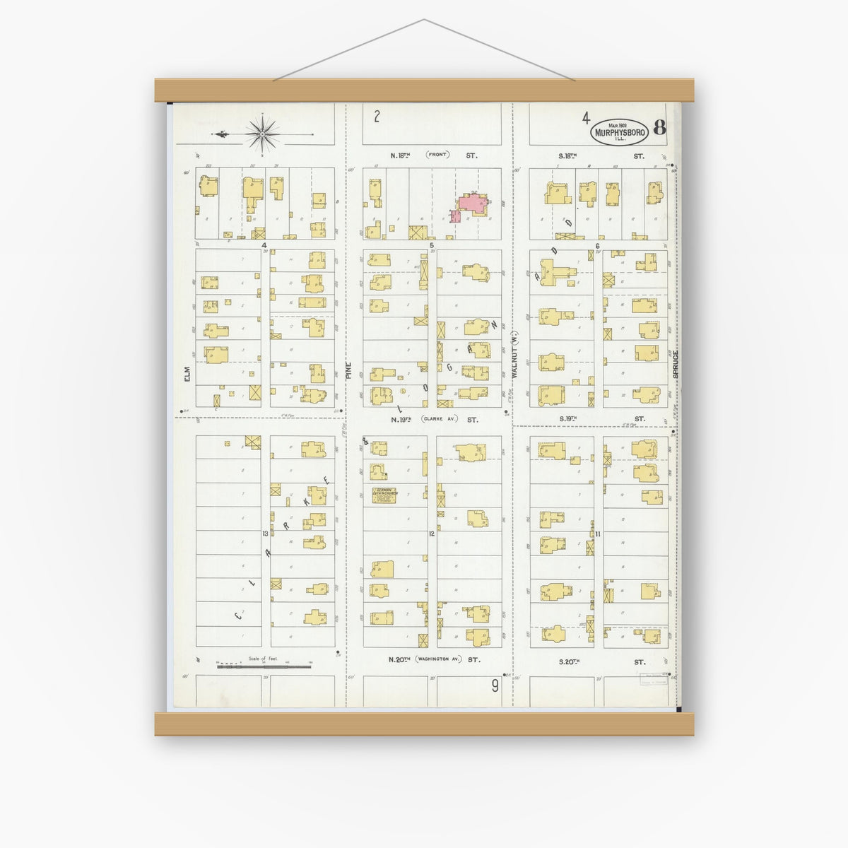 Old map wall art mockup — magnetic wood frame on white wall — Sanborn Fire Insurance Map from Murphysboro, Jackson County, Illinois (1902), Sheet #0008