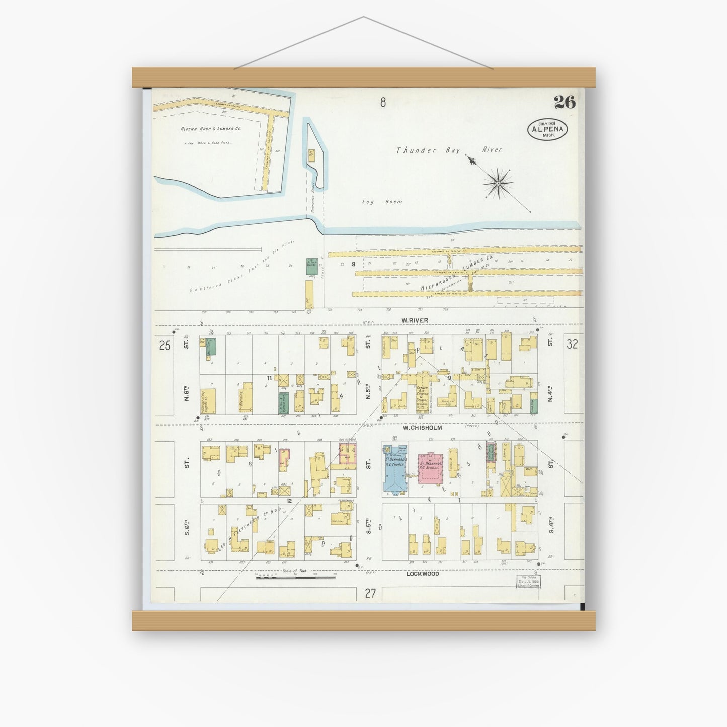 Old map wall art mockup — magnetic wood frame on white wall — Sanborn Fire Insurance Map from Alpena, Alpena County, Michigan (1901), Sheet #0026