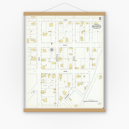 Old map wall art mockup — magnetic wood frame on white wall — Sanborn Fire Insurance Map from Kissimmee, Osceola County, Florida (1909), Sheet #0002