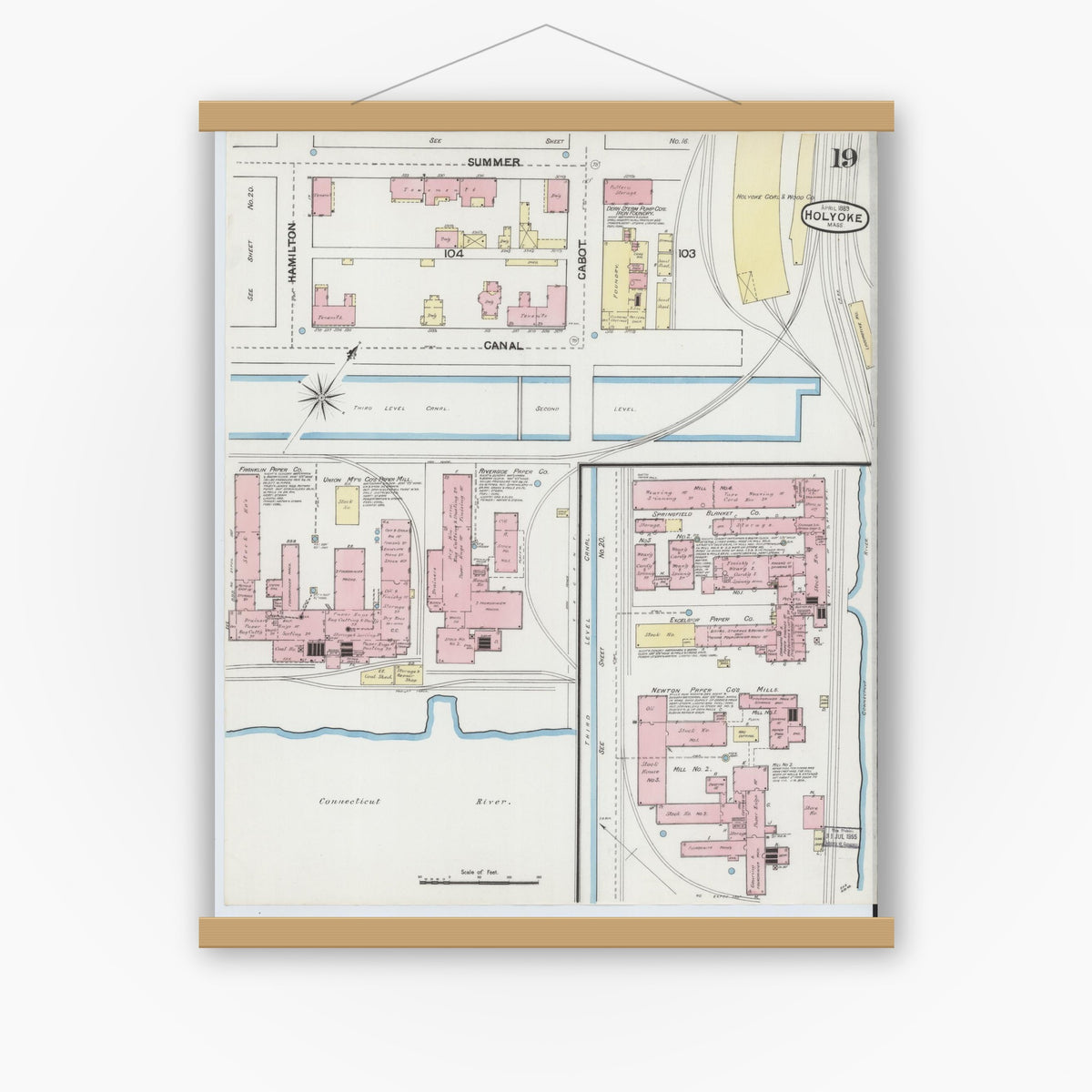 Old map wall art mockup — magnetic wood frame on white wall — Sanborn Fire Insurance Map from Holyoke, Hampden County, Massachusetts (1889), Sheet #0019