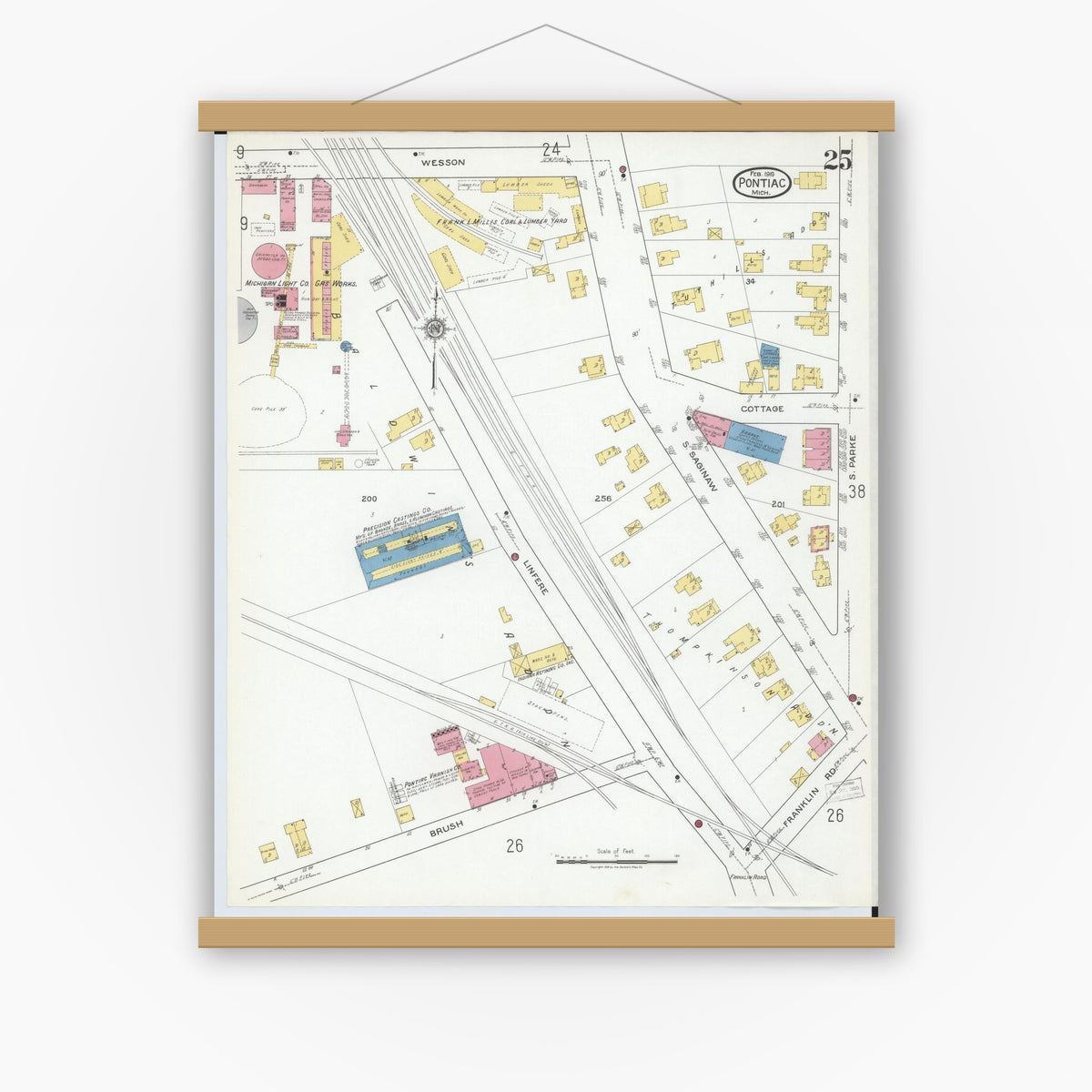 Old map wall art mockup — magnetic wood frame on white wall — Sanborn Fire Insurance Map from Pontiac, Oakland County, Michigan (1919), Sheet #0025