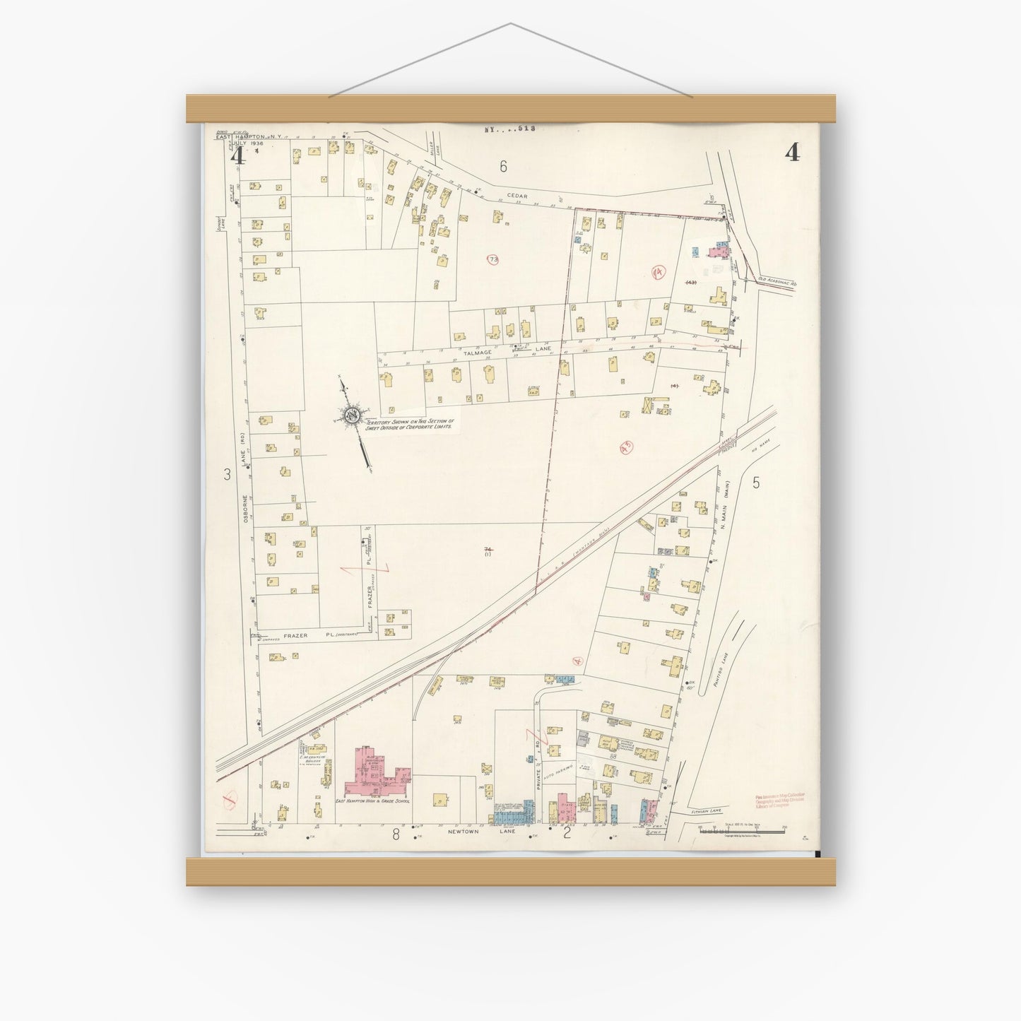 Old map wall art mockup — magnetic wood frame on white wall — Sanborn Fire Insurance Map from Easthampton, Suffolk County, New York (1943), Sheet #0004