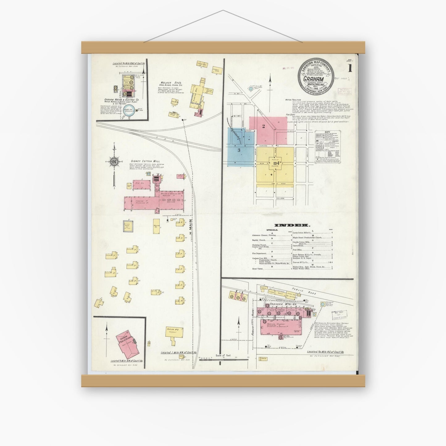 Old map wall art mockup — magnetic wood frame on white wall — Sanborn Fire Insurance Map from Graham, Alamance County, North Carolina (1910), Sheet #0001