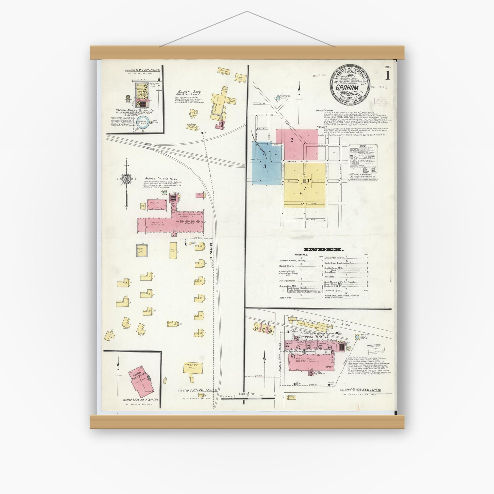 Old map wall art mockup — magnetic wood frame on white wall — Sanborn Fire Insurance Map from Graham, Alamance County, North Carolina (1910), Sheet #0001