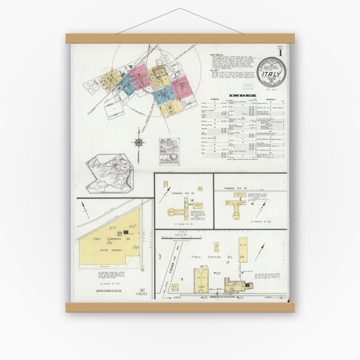 Old map wall art mockup — magnetic wood frame on white wall — Sanborn Fire Insurance Map from Italy, Ellis County, Texas (1921) - Complete Map Set
