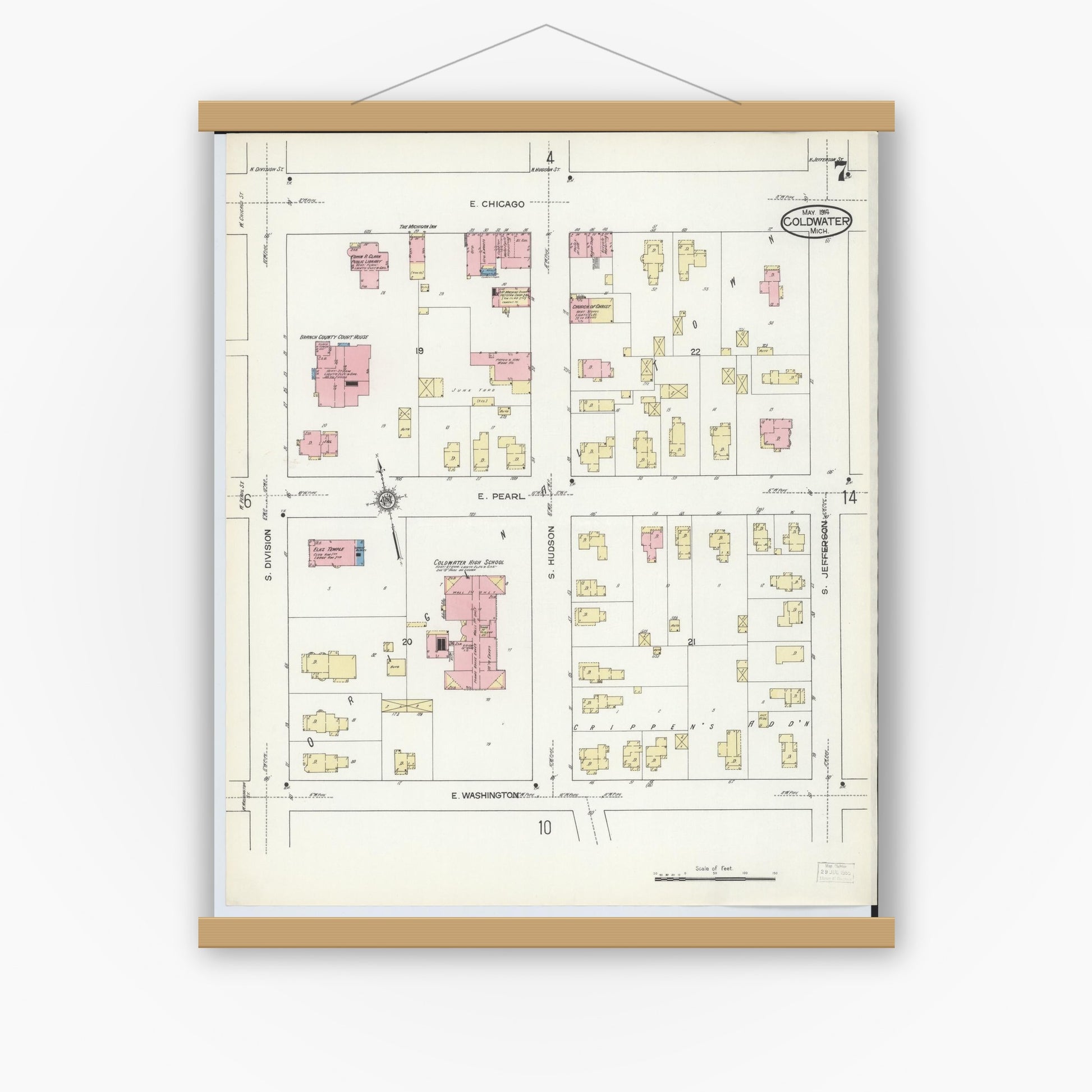 Old map wall art mockup — magnetic wood frame on white wall — Sanborn Fire Insurance Map from Coldwater, Branch County, Michigan (1914), Sheet #0007