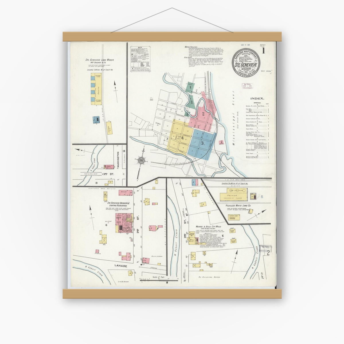Old map wall art mockup — magnetic wood frame on white wall — Sanborn Fire Insurance Map from Sainte Genevieve, Saint Genevieve County, Missouri (1911) - Complete Map Set