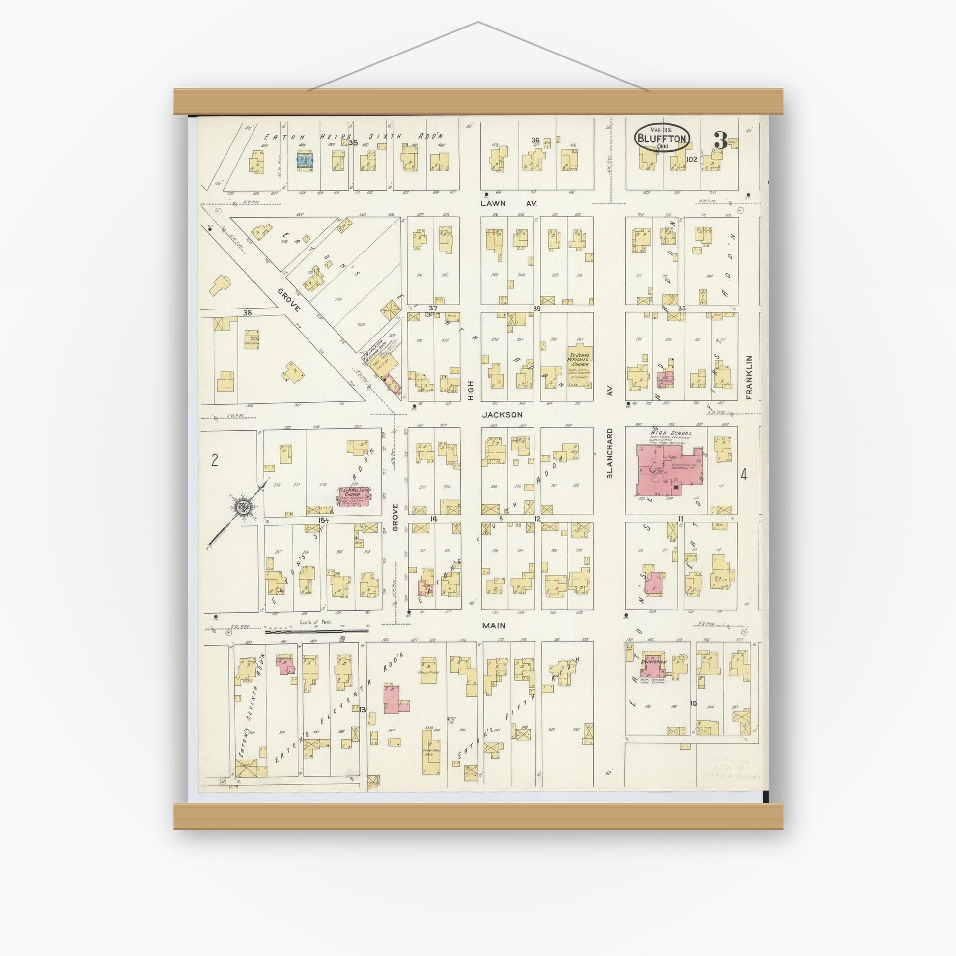 Old map wall art mockup — magnetic wood frame on white wall — Sanborn Fire Insurance Map from Bluffton, Allen County, Ohio (1916), Sheet #0003