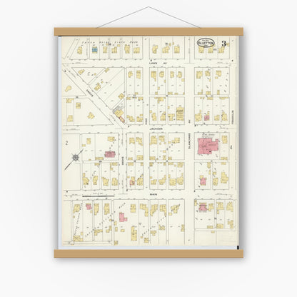Old map wall art mockup — magnetic wood frame on white wall — Sanborn Fire Insurance Map from Bluffton, Allen County, Ohio (1916), Sheet #0003