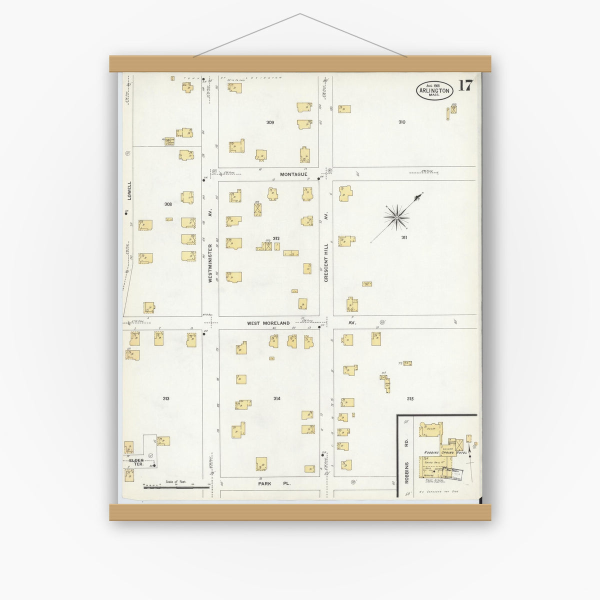 Old map wall art mockup — magnetic wood frame on white wall — Sanborn Fire Insurance Map from Arlington, Middlesex County, Massachusetts (1908), Sheet #0017