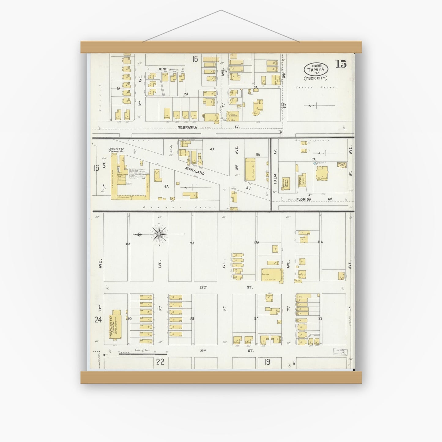 Old map wall art mockup — magnetic wood frame on white wall — Sanborn Fire Insurance Map from Tampa, Hillsborough County, Florida (1899), Sheet #0015