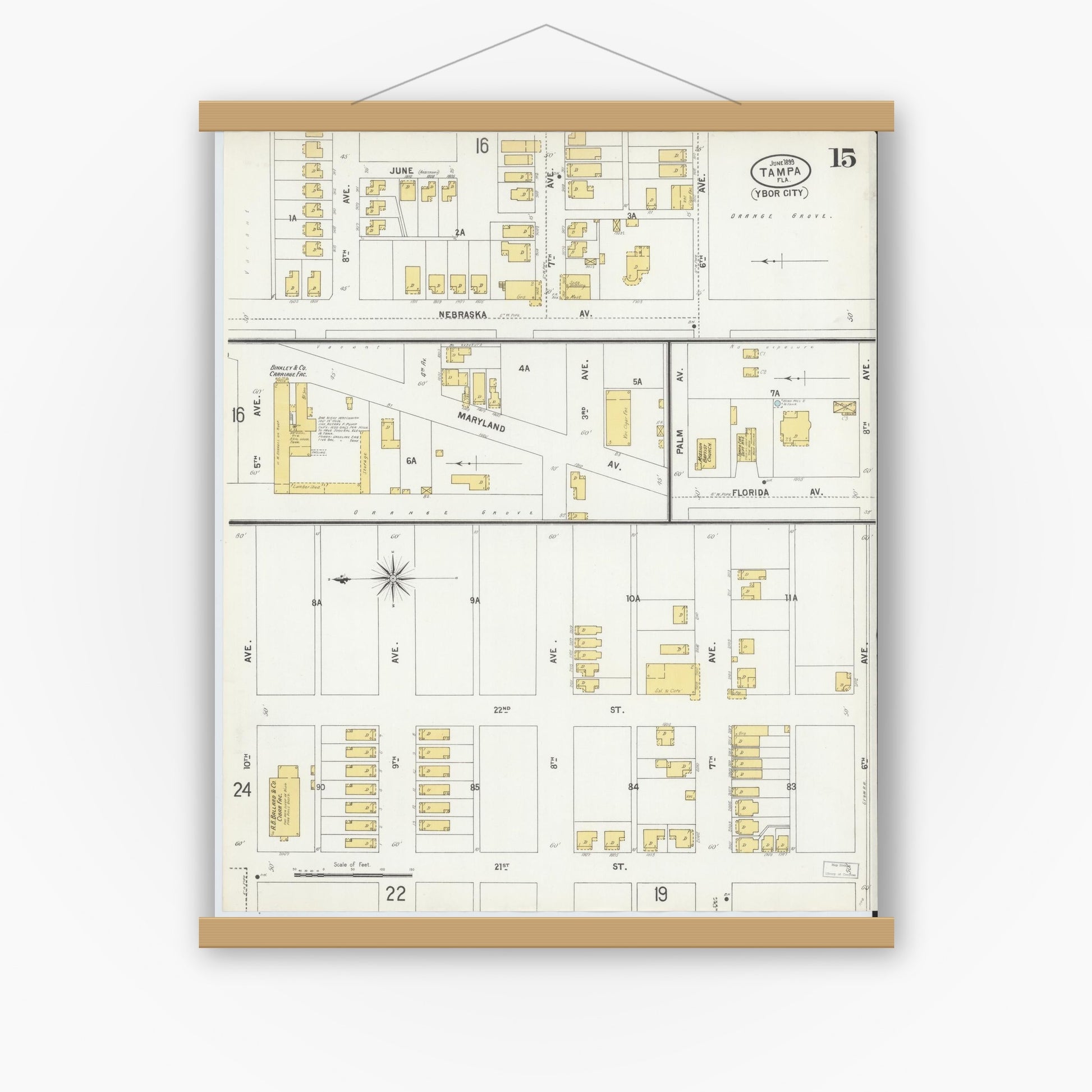 Old map wall art mockup — magnetic wood frame on white wall — Sanborn Fire Insurance Map from Tampa, Hillsborough County, Florida (1899), Sheet #0015
