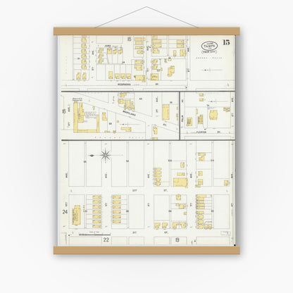 Old map wall art mockup — magnetic wood frame on white wall — Sanborn Fire Insurance Map from Tampa, Hillsborough County, Florida (1899), Sheet #0015
