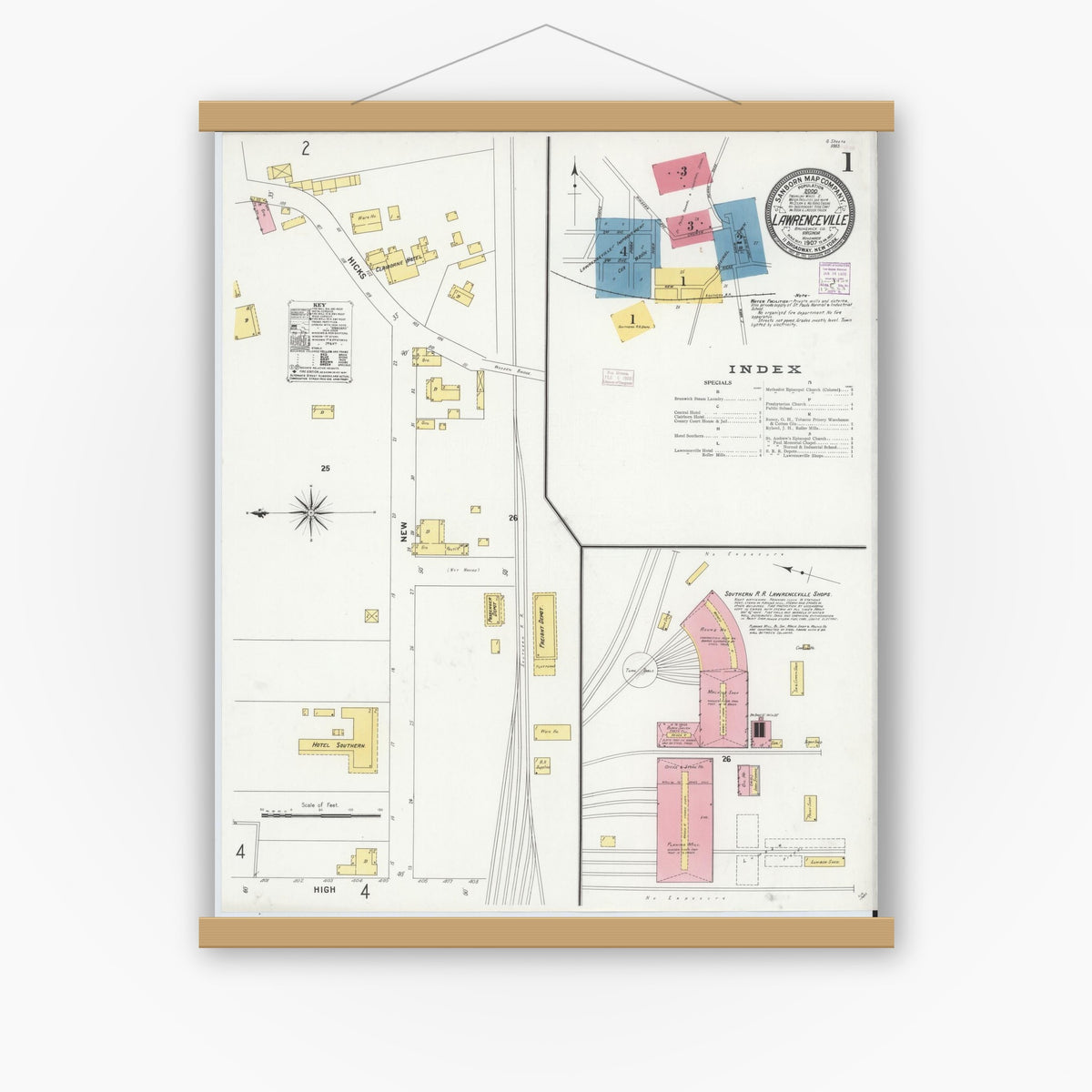 Old map wall art mockup — magnetic wood frame on white wall — Sanborn Fire Insurance Map from Lawrenceville, Brunswick County, Virginia (1907) - Complete Map Set