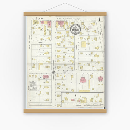 Old map wall art mockup — magnetic wood frame on white wall — Sanborn Fire Insurance Map from Wakeman, Huron County, Ohio (1911), Sheet #0001
