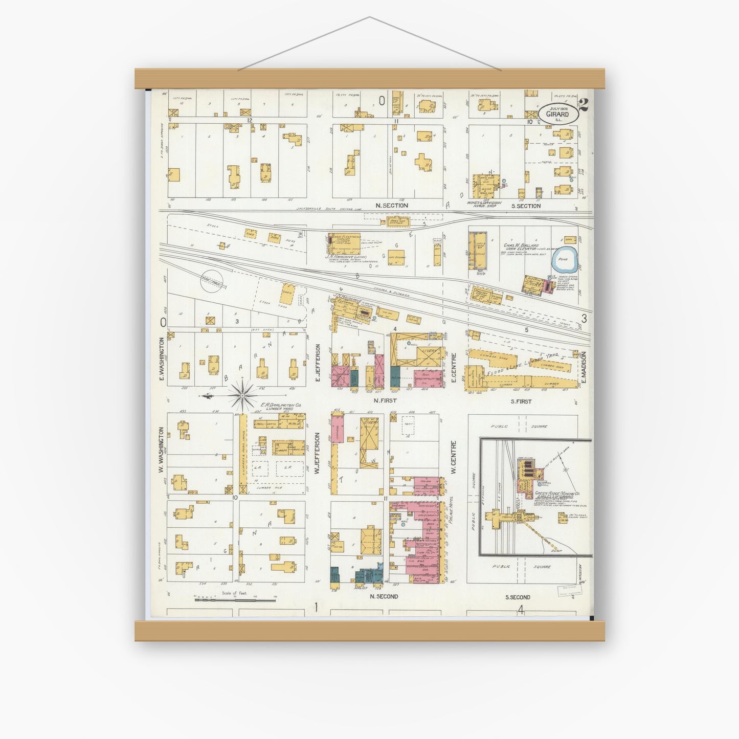 Old map wall art mockup — magnetic wood frame on white wall — Sanborn Fire Insurance Map from Girard, Macoupin County, Illinois (1906), Sheet #0002