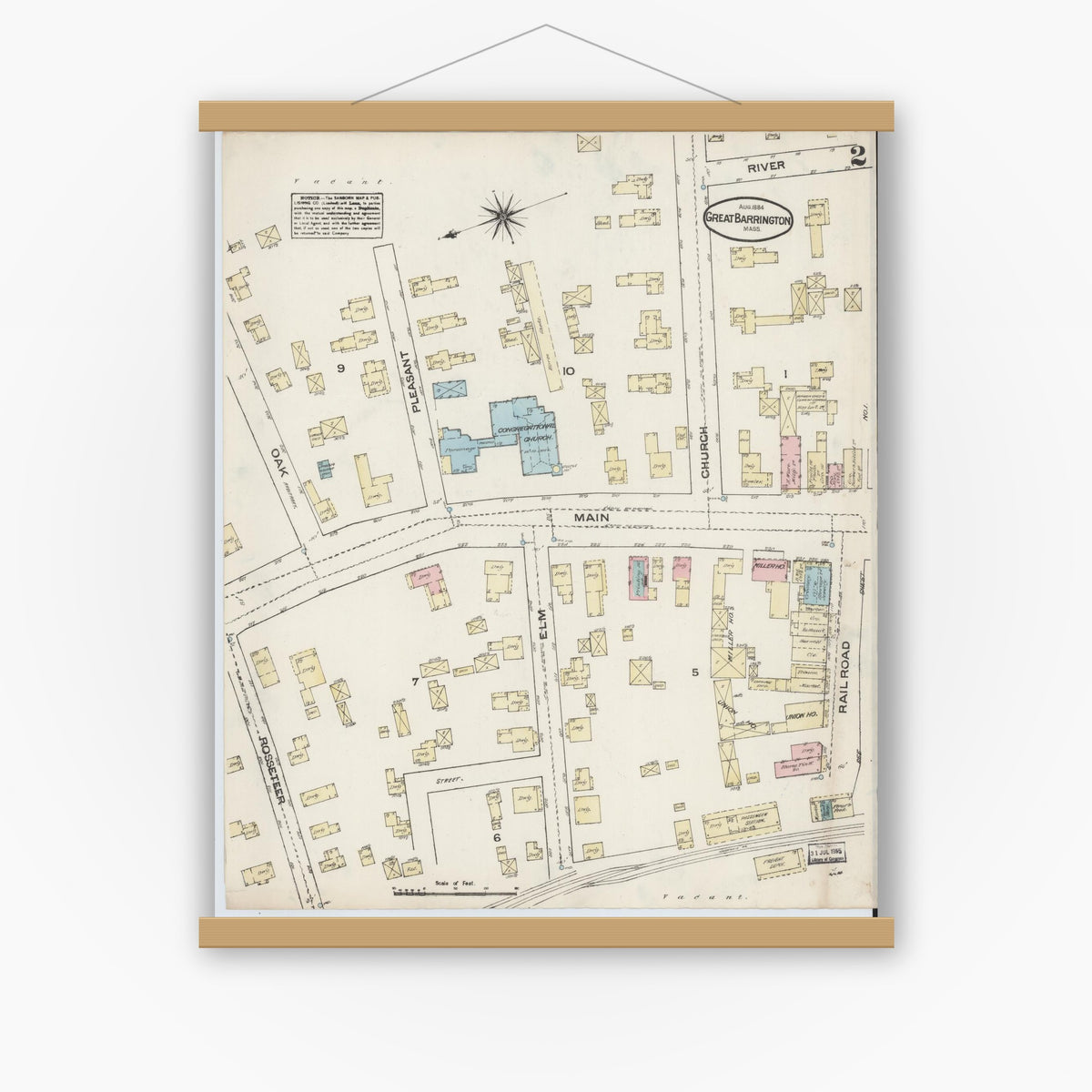 Old map wall art mockup — magnetic wood frame on white wall — Sanborn Fire Insurance Map from Great Barrington, Berkshire County, Massachusetts (1884), Sheet #0002