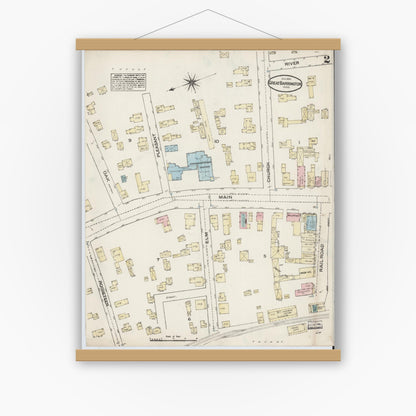 Old map wall art mockup — magnetic wood frame on white wall — Sanborn Fire Insurance Map from Great Barrington, Berkshire County, Massachusetts (1884), Sheet #0002
