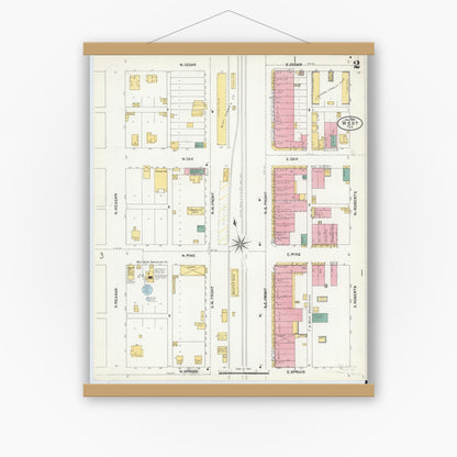 Old map wall art mockup — magnetic wood frame on white wall — Sanborn Fire Insurance Map from West, McLennan County, Texas (1905), Sheet #0002